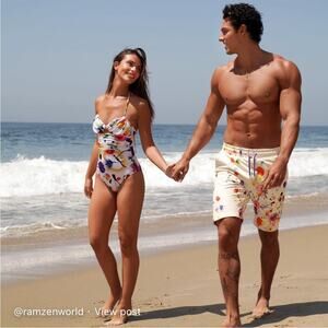 NWT Ramzen Italy White Multicolored Floral Cutout Halter One Piece Swim Medium